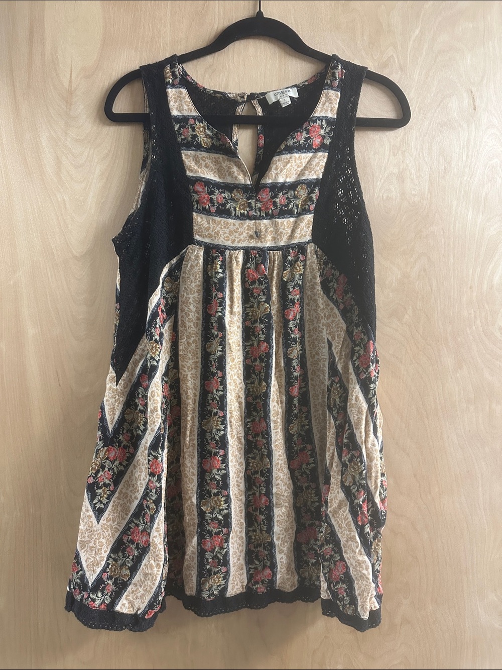 Women’s Floral Patchwork Dress/tunic with Lace Trim - Black & Cream